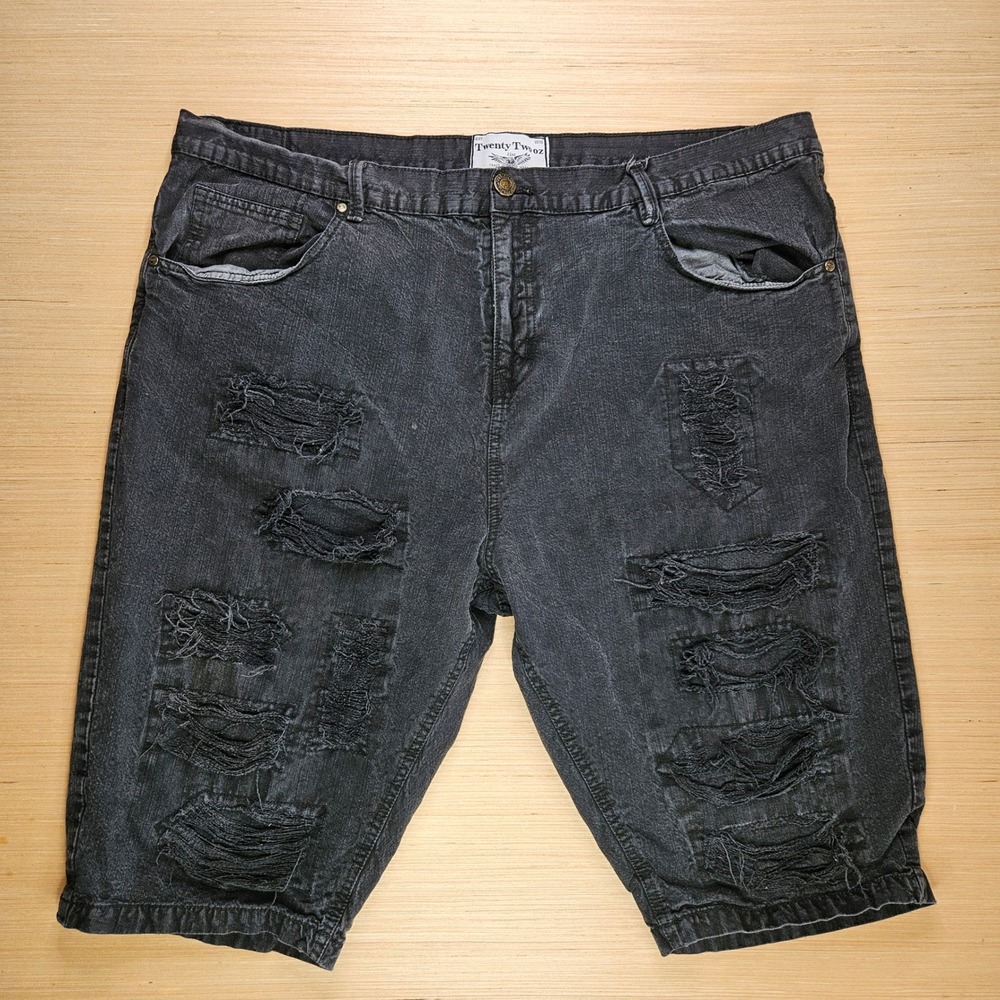 Y2K Skater Distressed Denim Shorts Twenty Two Oz Men‎ 42 Black Ripped Streetwear